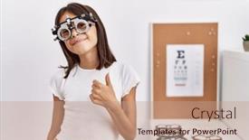  Presentation with optometry - PPT theme with young-hispanic-girl-wearing-optometry background and a coral colored foreground