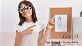  Presentation with optometry - PPT theme featuring young-hispanic-girl-wearing-optometry background and a coral colored foreground