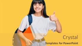  Presentation with happy young student girl holding - PPT theme featuring young-hispanic-girl-wearing-student background and a yellow colored foreground