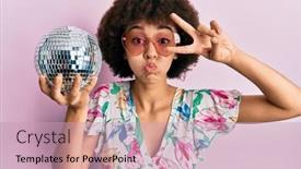  Presentation with disco ball - Slide set having young-hispanic-girl-wearing-summer background and a soft green colored foreground