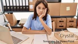  Presentation with working - PPT theme with young-hispanic-girl-working background and a  colored foreground