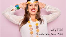  Presentation with hippie - Presentation theme featuring young-hispanic-hippie-woman-wearing background and a lemonade colored foreground