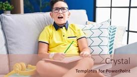  Presentation with anger kid - PPT theme with young-hispanic-kid-doing-homework background and a coral colored foreground