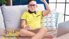  Presentation with muscle - Presentation design enhanced with young-hispanic-kid-doing-homework background and a  colored foreground