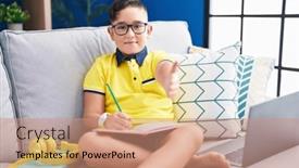  Presentation with homework - PPT theme featuring young-hispanic-kid-doing-homework background and a coral colored foreground