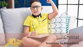  Presentation with anger kid - PPT theme with young-hispanic-kid-doing-homework background and a coral colored foreground