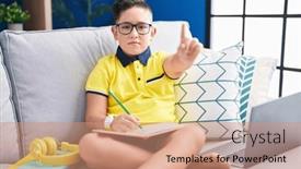  Presentation with angry kid - Slide set with young-hispanic-kid-doing-homework background and a coral colored foreground