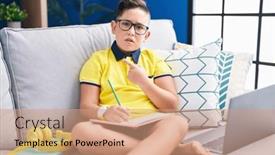  Presentation with forefinger - Theme featuring young-hispanic-kid-doing-homework background and a coral colored foreground