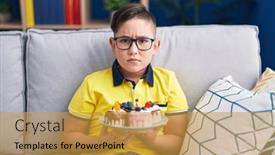  Presentation with sweets - Slides consisting of young-hispanic-kid-holding-cake background and a  colored foreground