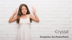  Presentation with white brick wall - Cool new slides with young hispanic kid over white brick wall showing and pointing up with fingers number eight while smiling confident and happy backdrop and a light gray colored foreground