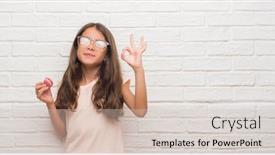  Presentation with white brick wall - Presentation consisting of young hispanic kid over white brick wall eating pink macaron doing ok sign with fingers excellent symbol background and a soft green colored foreground