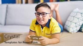  Presentation with kids video game addiction - Presentation theme featuring young-hispanic-kid-playing-video background and a gold colored foreground