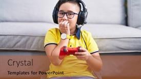  Presentation with video game - Slide set with young-hispanic-kid-playing-video background and a  colored foreground