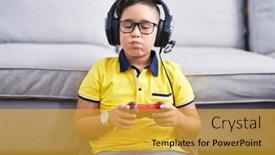  Presentation with controller - PPT theme with young-hispanic-kid-playing-video background and a gold colored foreground