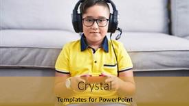  Presentation with video game - Slide deck consisting of young-hispanic-kid-playing-video and a gold colored foreground