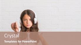  Presentation with angry kid - Cool new theme with young hispanic kid sitting on the table wearing headphones with angry face negative sign showing dislike with thumbs down rejection concept backdrop and a coral colored foreground