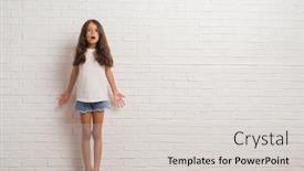  Presentation with paint white brick wall - Audience pleasing theme consisting of young hispanic kid stading over white brick wall afraid and shocked with surprise expression fear and excited face backdrop and a lemonade colored foreground