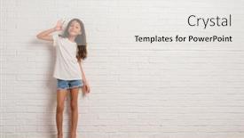  Presentation with white brick wall - Colorful slides enhanced with young hispanic kid stading over white brick wall smiling positive doing ok sign with hand and fingers successful expression backdrop and a white colored foreground