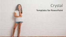  Presentation with white brick - Beautiful slide deck featuring young hispanic kid stading over white brick wall looking confident at the camera with smile with crossed arms and hand raised on chin thinking positive backdrop and a white colored foreground