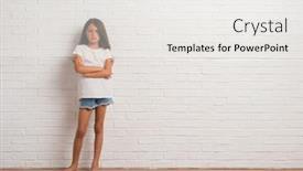  Presentation with white brick wall - Theme featuring young hispanic kid stading over white brick wall skeptic and nervous disapproving expression on face with crossed arms negative person background and a white colored foreground