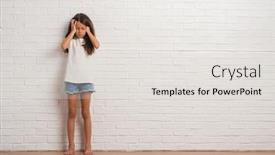  Presentation with white brick wall - Audience pleasing presentation design consisting of young hispanic kid stading over white brick wall with hand on head for pain in head because stress suffering migraine backdrop and a light gray colored foreground