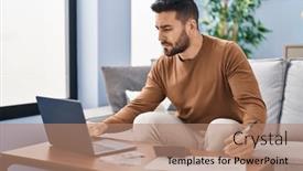  Presentation with accounting - PPT theme featuring young-hispanic-man-accounting-economy background and a coral colored foreground