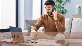  Presentation with accounting - Presentation design with young-hispanic-man-accounting-economy background and a coral colored foreground