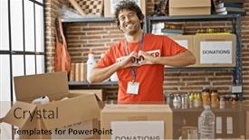  Presentation with teamwork volunteer charity help giving - PPT theme enhanced with young-hispanic-man-activist-wearing and a coral colored foreground