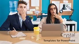  Presentation with woman covering man mouth hand - Slide set enhanced with young-hispanic-man-and-woman background and a coral colored foreground