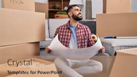  Presentation with new home - Presentation theme with young-hispanic-man-architect-smiling background and a coral colored foreground