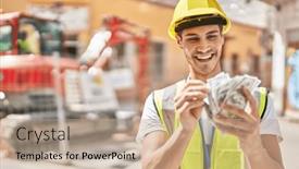  Presentation with gold man smile - Presentation enhanced with young-hispanic-man-architect-smiling background and a coral colored foreground