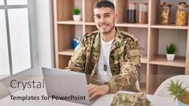  Presentation with army - PPT theme with young-hispanic-man-army-soldier background and a coral colored foreground