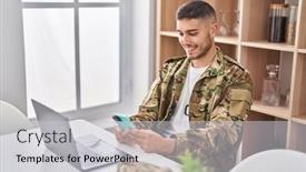  Presentation with army - Presentation theme having young-hispanic-man-army-soldier background and a light gray colored foreground