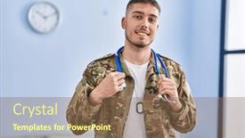  Presentation with army - Slide set consisting of young-hispanic-man-army-soldier background and a violet colored foreground