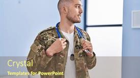  Presentation with army - PPT theme enhanced with young-hispanic-man-army-soldier background and a tawny brown colored foreground