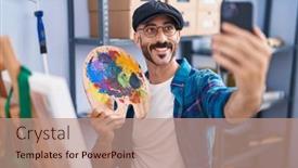  Presentation with art - Presentation theme with young-hispanic-man-artist-holding and a coral colored foreground