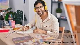  Presentation with art culture and music - Presentation theme featuring young-hispanic-man-artist-listening background and a coral colored foreground