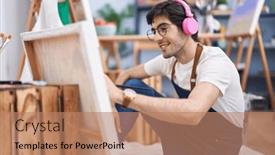  Presentation with music studio - Slides with young-hispanic-man-artist-listening background and a coral colored foreground