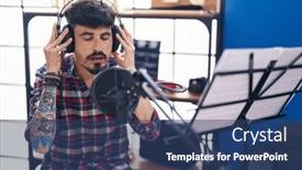  Presentation with music singing - Slides enhanced with young-hispanic-man-artist-singing background and a ocean colored foreground