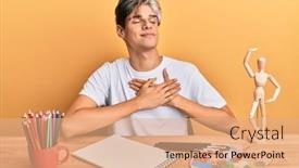  Presentation with artist - PPT theme consisting of young-hispanic-man-artist-sitting background and a coral colored foreground