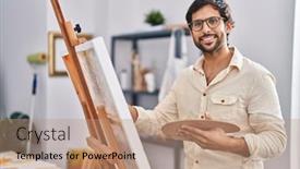  Presentation with art - Presentation theme enhanced with young-hispanic-man-artist-smiling background and a coral colored foreground