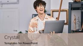  Presentation with art - Presentation theme enhanced with young-hispanic-man-artist-smiling background and a mint green colored foreground