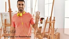  Presentation with art - Theme featuring young-hispanic-man-at-art background and a coral colored foreground