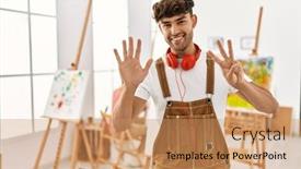  Presentation with art - PPT theme having young-hispanic-man-at-art background and a coral colored foreground