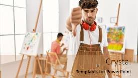  Presentation with art - PPT theme with young-hispanic-man-at-art background and a  colored foreground