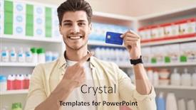  Presentation with credit card - Presentation theme enhanced with young-hispanic-man-at-pharmacy background and a soft green colored foreground