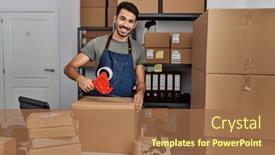  Presentation with young business man - Presentation theme featuring young-hispanic-man-business-worker background and a coral colored foreground