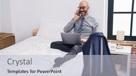  Presentation with business hotel - PPT theme enhanced with young-hispanic-man-business-worker background and a  colored foreground