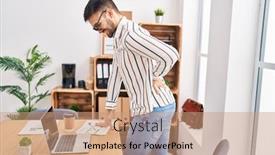  Presentation with backache - PPT theme featuring young-hispanic-man-business-worker background and a coral colored foreground