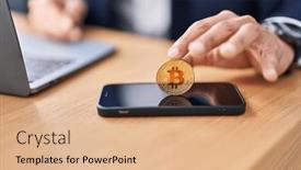  Presentation with bitcoin - Presentation design with young-hispanic-man-business-worker background and a coral colored foreground